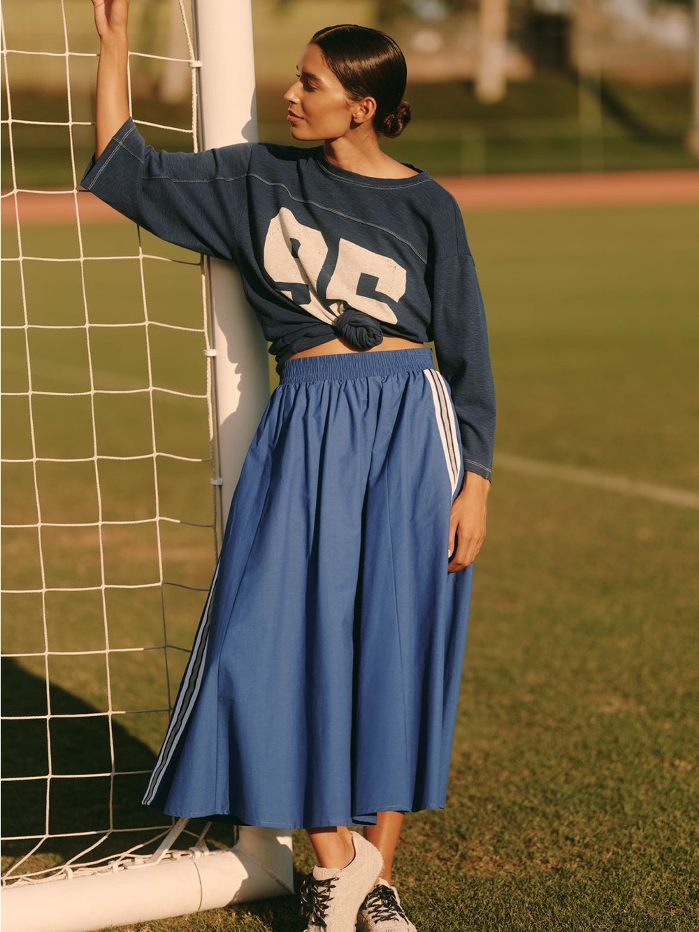 Blue A-Line track Midi Skirt with Side Stripes -